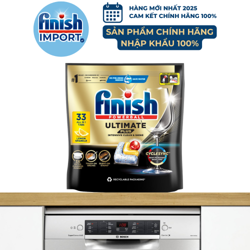 Túi 33 viên Finish Ultimate Plus 2025 hương chanh, chuẩn châu Âu, siêu cao cấp, 16 tính năng/viên, dùng cho máy rửa chén 13-15 bộ